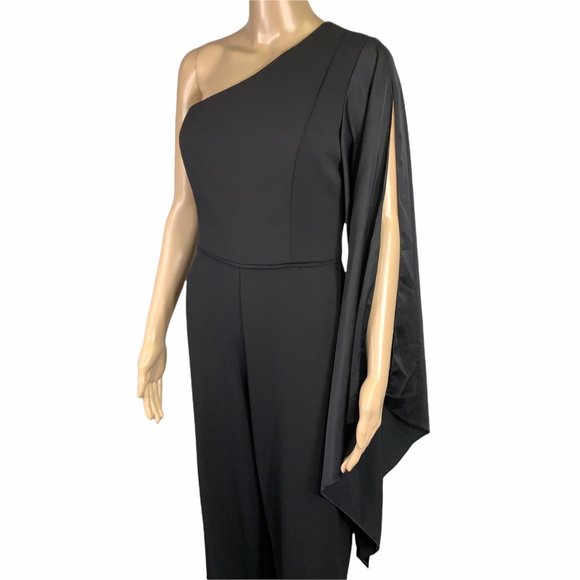 Adrianna Papell Black Formal One Shoulder Drape Sleeve Jumpsuit - Picture 2 of 16